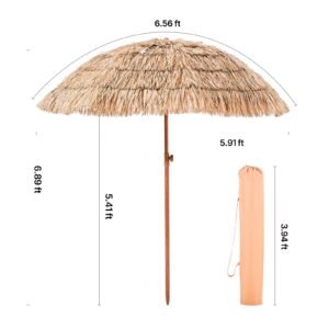 tiki umbrella, 6.5 ft thatched patio umbrella with tilt, hawaiian style beach parasol with durable pp thatch and 8 metal ribs, grass pool umbrellas for beach, patio, poolside, backyard & garden