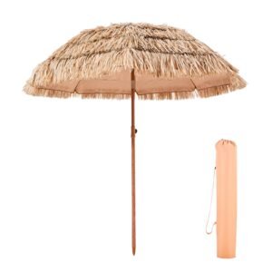 Tiki Umbrella, 6.5 ft Thatched Patio Umbrella with Tilt, Hawaiian Style Beach Parasol with Durable PP Thatch and 8 Metal Ribs, Grass Pool Umbrellas for Beach, Patio, Poolside, Backyard & Garden