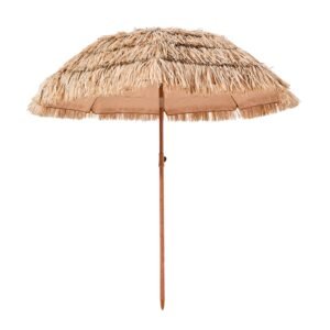tiki umbrella, 6.5 ft thatched patio umbrella with tilt, hawaiian style beach parasol with durable pp thatch and 8 metal ribs, grass pool umbrellas for beach, patio, poolside, backyard & garden