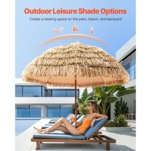 tiki umbrella, 8 ft thatched patio umbrella with tilt, hawaiian style beach parasol with durable pp thatch and 8 metal ribs, grass pool umbrellas for beach, patio, poolside, backyard & garden