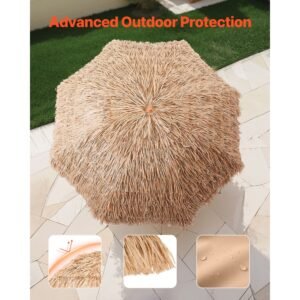 tiki umbrella, 8 ft thatched patio umbrella with tilt, hawaiian style beach parasol with durable pp thatch and 8 metal ribs, grass pool umbrellas for beach, patio, poolside, backyard & garden