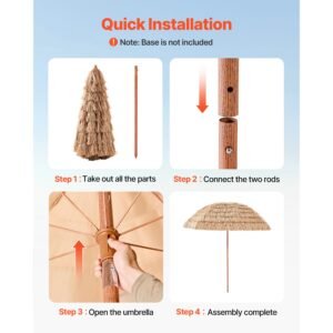 tiki umbrella, 8 ft thatched patio umbrella with tilt, hawaiian style beach parasol with durable pp thatch and 8 metal ribs, grass pool umbrellas for beach, patio, poolside, backyard & garden