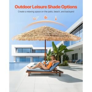 tiki umbrella, 9 ft thatched patio umbrella with tilt, hawaiian style beach parasol with durable pp thatch and 8 metal ribs, grass pool umbrellas for beach, patio, poolside, backyard & garden