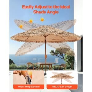 tiki umbrella, 9 ft thatched patio umbrella with tilt, hawaiian style beach parasol with durable pp thatch and 8 metal ribs, grass pool umbrellas for beach, patio, poolside, backyard & garden