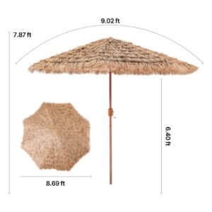 tiki umbrella, 9 ft thatched patio umbrella with tilt, hawaiian style beach parasol with durable pp thatch and 8 metal ribs, grass pool umbrellas for beach, patio, poolside, backyard & garden