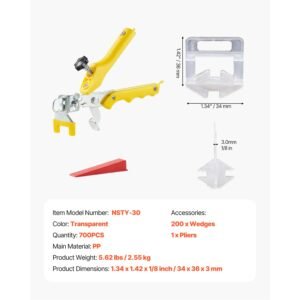 tile leveling system, 1/8 inch(3 mm) with 1pc tile plier, 700 pcs diy tile leveler spacers clips and 200 pcs reusable wedges, tile tools set for professional ceramic tile and stone installation