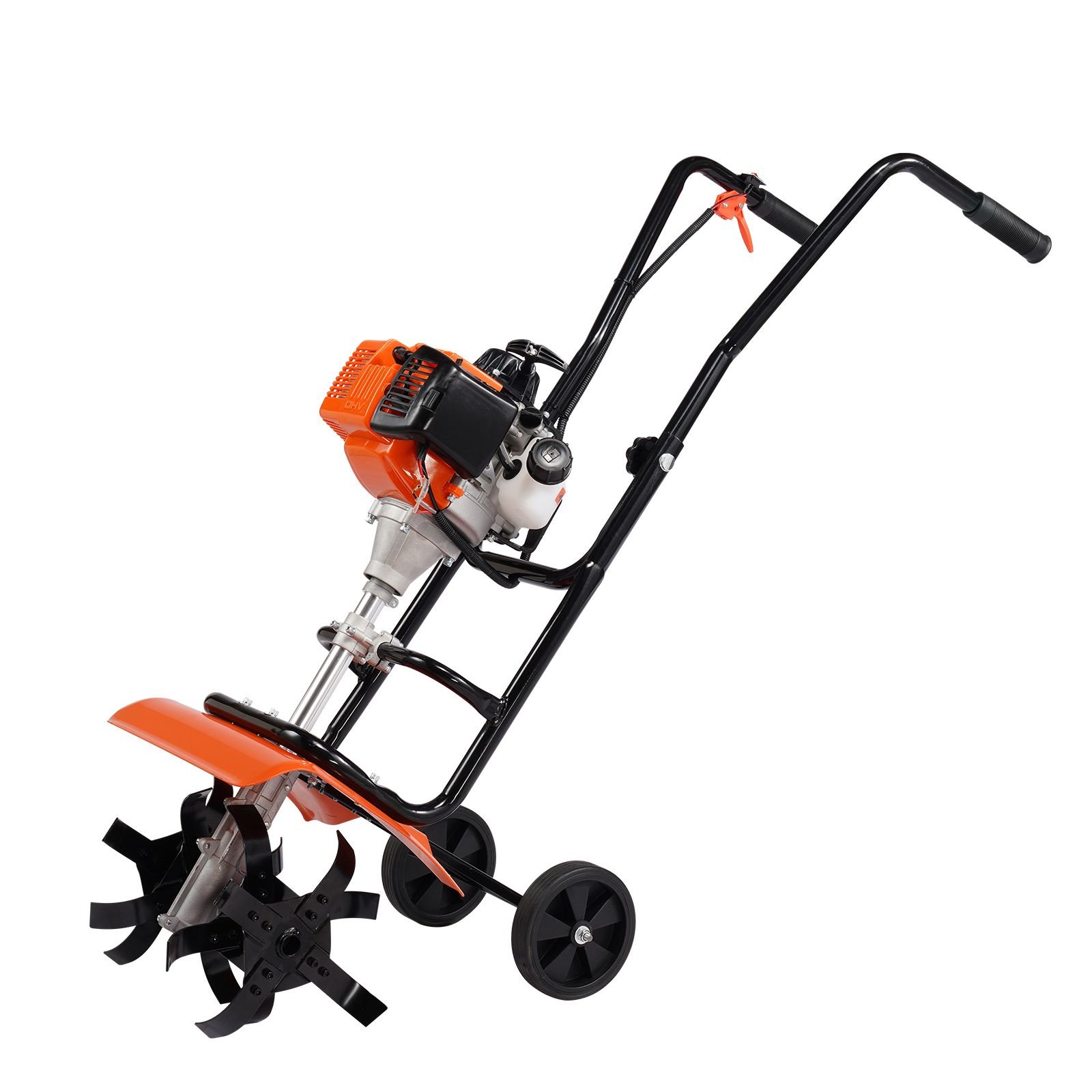 tiller cultivator, 31cc 4 stroke garden cultivator, tiller with 4 steel adjustable front tines for lawn, garden and field cultivation