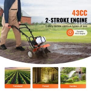 tiller cultivator, 43cc 2 stroke garden cultivator, tiller with 4 steel adjustable front tines for lawn, garden and field cultivation