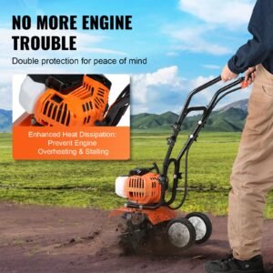 tiller cultivator, 43cc 2 stroke garden cultivator, tiller with 4 steel adjustable front tines for lawn, garden and field cultivation