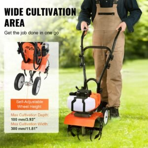 tiller cultivator, 43cc 2 stroke garden cultivator, tiller with 4 steel adjustable front tines for lawn, garden and field cultivation