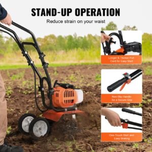 tiller cultivator, 43cc 2 stroke garden cultivator, tiller with 4 steel adjustable front tines for lawn, garden and field cultivation
