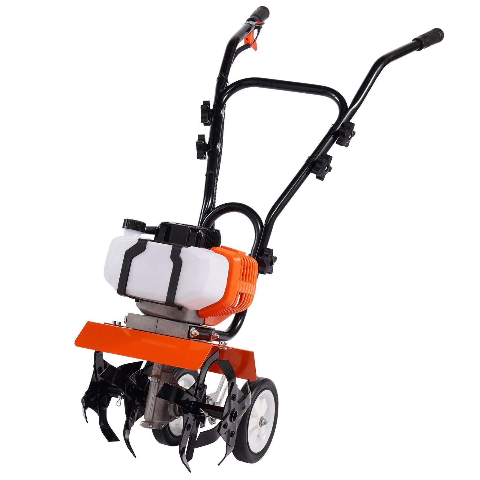 tiller cultivator, 43cc 2 stroke garden cultivator, tiller with 4 steel adjustable front tines for lawn, garden and field cultivation