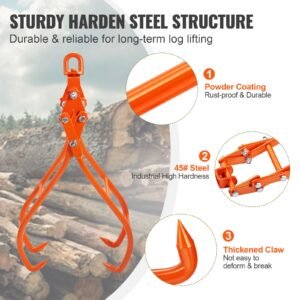 timber claw hook, 36 inch 4 claw log grapple for logging tongs, swivel steel log lifting tongs, eagle claws design with 3307 lbs/1500 kg loading capacity for tractors, atvs, trucks, forklifts