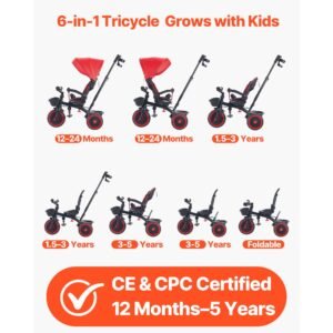 toddler tricycle & stroller for 1 5 year old, 6 in 1 kids trike with parent push handle, canopy, adjustable seat and storage, tricycle for toddlers, birthday toy for boys and girls, red/black