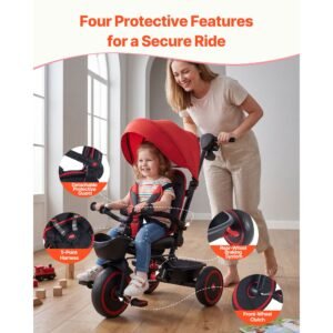 toddler tricycle & stroller for 1 5 year old, 6 in 1 kids trike with parent push handle, canopy, adjustable seat and storage, tricycle for toddlers, birthday toy for boys and girls, red/black