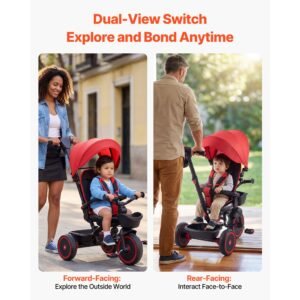 toddler tricycle & stroller for 1 5 year old, 6 in 1 kids trike with parent push handle, canopy, adjustable seat and storage, tricycle for toddlers, birthday toy for boys and girls, red/black