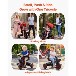 toddler tricycle & stroller for 1 5 year old, 6 in 1 kids trike with parent push handle, canopy, adjustable seat and storage, tricycle for toddlers, birthday toy for boys and girls, red/black