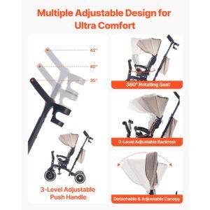 toddler tricycle & stroller for 18 months to 5 year old, 7 in 1 kids trike with parent push handle, canopy, rotating seat and storage, tricycle for toddlers, birthday toy for boys and girls