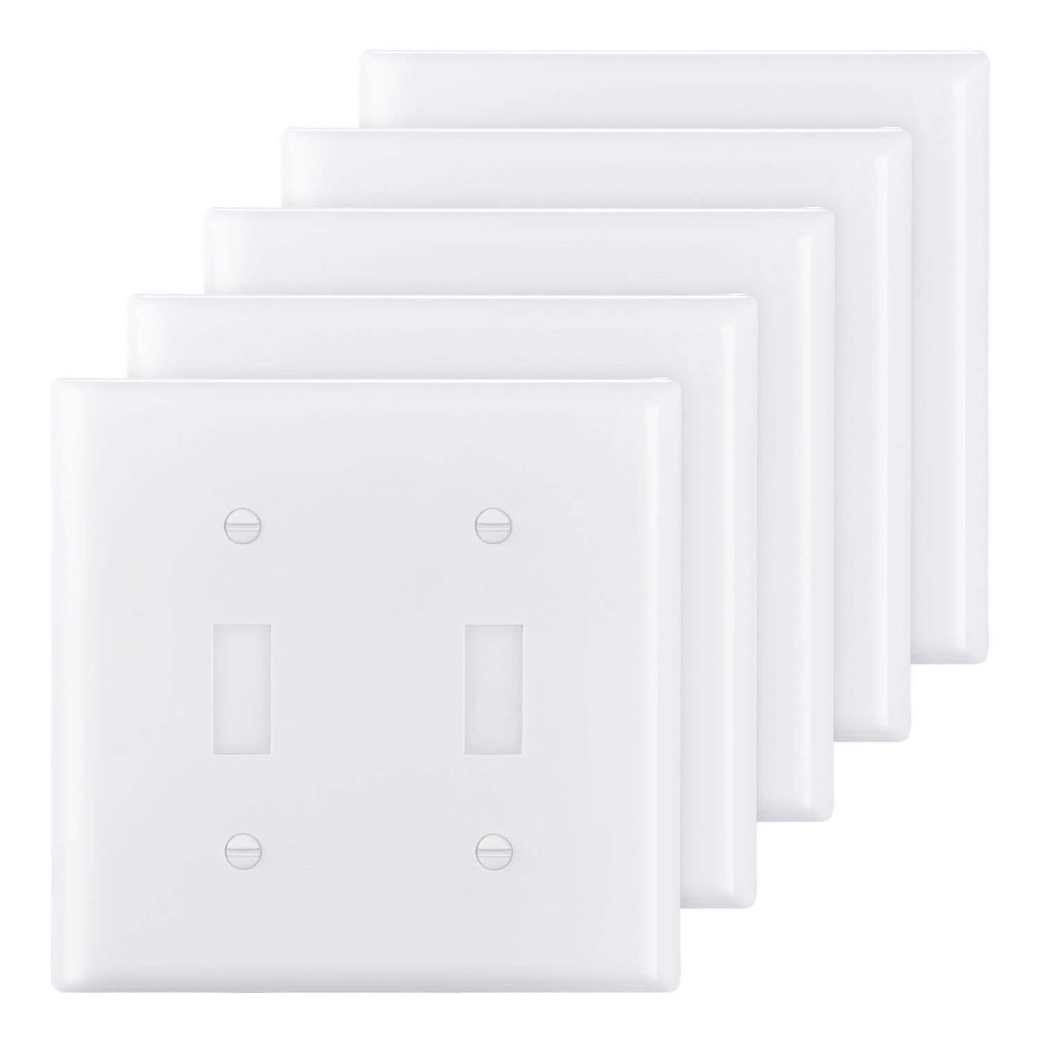 toggle light switch wall plates, 2 gang switch electrical outlet covers, standard size 4.61in l x 4.53in h unbreakable polycarbonate thermoplastic faceplate (5 pack, white)