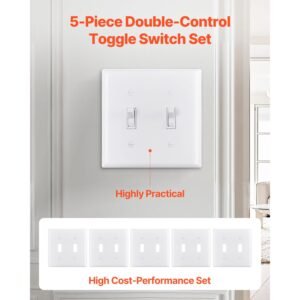 toggle light switch wall plates, 2 gang switch electrical outlet covers, standard size 4.61in l x 4.53in h unbreakable polycarbonate thermoplastic faceplate (5 pack, white)