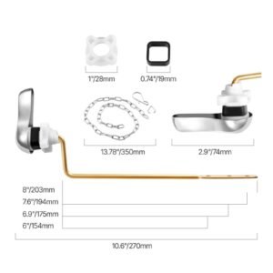 Toilet Handle Replacement Kit, Side Mount Universal Toilet Handle, Toilet Handle Lever with Stainless Steel Flapper Chain, Toilet Flush Handle Fits Various Toilet Tanks, Chrome Finish, Silver