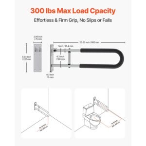 toilet safety rail, 23.8 inch u shaped handicap grab bar, foldable senior safety pole, flip up toilet grab bar with anti slip support handle, 300 lb load capacity for elderly, disabled, pregnant