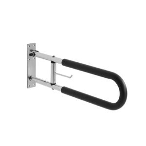 toilet safety rail, 30 inch u shaped handicap grab bar, foldable senior safety pole, flip up toilet grab bars with anti slip handle, 300 lbs load capacity security handrail with paper holder