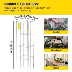 tomato cages, 11.8" x 11.8" x 46.1", 5 packs square plant support cages, silver pvc coated steel tomato towers for climbing vegetables, plants, flowers, fruits