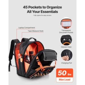tool backpack, 45 pockets, heavy duty tools storage organizer work bags with laptop compartment & reinforced fabric basee, electrician jobsite backpack for electrician, repairman