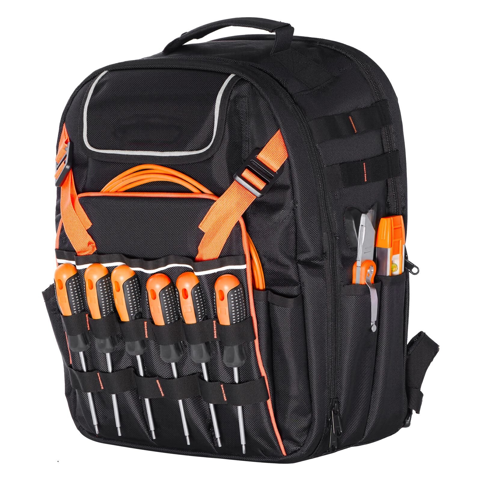 tool backpack, 45 pockets, heavy duty tools storage organizer work bags with laptop compartment & reinforced fabric basee, electrician jobsite backpack for electrician, repairman