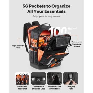 tool backpack, 56 pockets, heavy duty tools storage organizer bags with molded base, electrician jobsite backpack for construction jobsite, electrician, industrial, repairman, and hvac techs