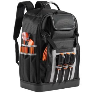 tool backpack, 56 pockets, heavy duty tools storage organizer bags with molded base, electrician jobsite backpack for construction jobsite, electrician, industrial, repairman, and hvac techs