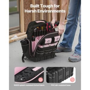 tool backpack, 56 pockets, heavy duty tools storage organizer work bags with laptop compartment & molded base, electrician jobsite backpack for electrician, repairman, and hvac techs
