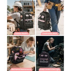 tool backpack, 56 pockets, heavy duty tools storage organizer work bags with laptop compartment & molded base, electrician jobsite backpack for electrician, repairman, and hvac techs