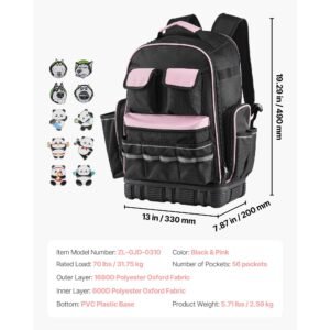 tool backpack, 56 pockets, heavy duty tools storage organizer work bags with laptop compartment & molded base, electrician jobsite backpack for electrician, repairman, and hvac techs