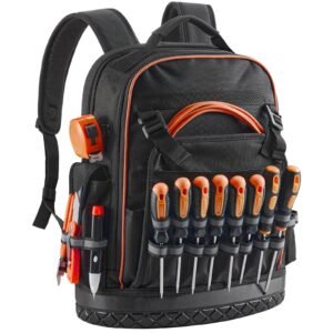 tool backpack, 64 pockets, heavy duty tools storage organizer work bags with laptop compartment & molded base, electrician jobsite backpack for electrician, repairman, and hvac techs