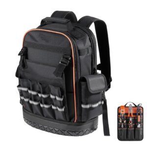tool backpack, 64 pockets, heavy duty tools storage organizer work bags with laptop compartment & molded base, electrician jobsite backpack for electrician, repairman, and hvac techs