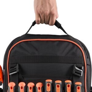 tool backpack, 64 pockets, heavy duty tools storage organizer work bags with laptop compartment & molded base, electrician jobsite backpack for electrician, repairman, and hvac techs