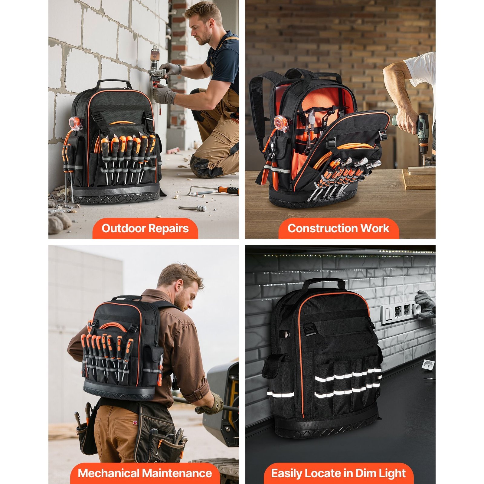 tool backpack, 64 pockets, heavy duty tools storage organizer work bags with laptop compartment & molded base, electrician jobsite backpack for electrician, repairman, and hvac techs
