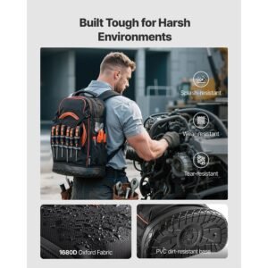 tool backpack, 65 pockets, heavy duty tools storage organizer work bags with laptop compartment & molded base, electrician jobsite backpack for electrician, repairman, and hvac techs