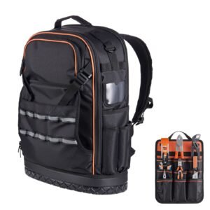 Tool Backpack, 65 Pockets, Heavy-duty Tools Storage Organizer Work Bags with Laptop Compartment & Molded Base, Electrician Jobsite Backpack for Electrician, Repairman, and HVAC Techs