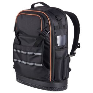 tool backpack, 65 pockets, heavy duty tools storage organizer work bags with laptop compartment & molded base, electrician jobsite backpack for electrician, repairman, and hvac techs