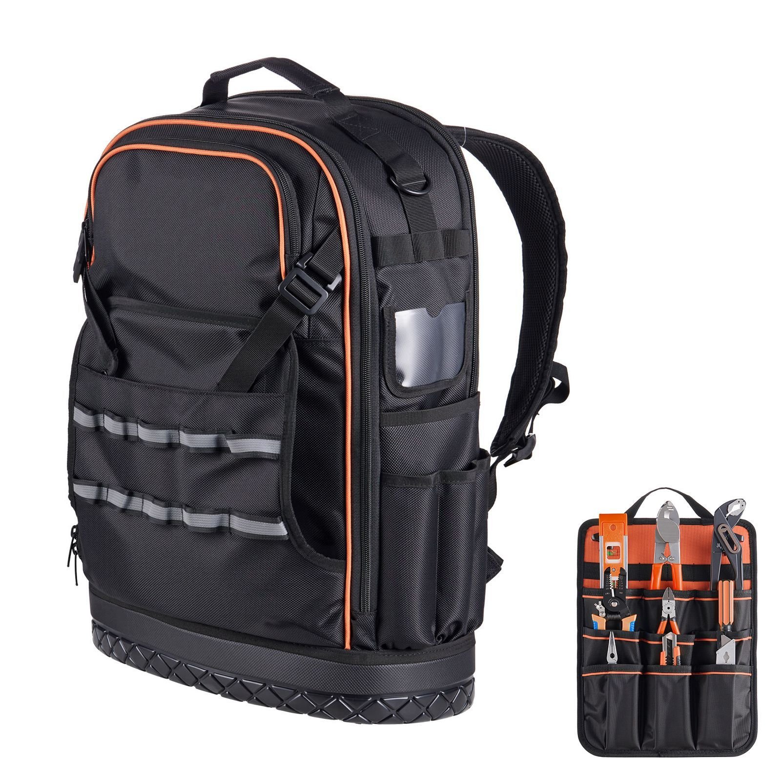 tool backpack, 65 pockets, heavy duty tools storage organizer work bags with laptop compartment & molded base, electrician jobsite backpack for electrician, repairman, and hvac techs