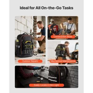 tool backpack with tools, 65 pockets, heavy duty tools storage organizer bags with laptop compartment & molded base, electrician jobsite backpack for electrician, repairman, and hvac techs