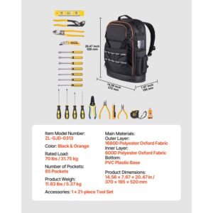 tool backpack with tools, 65 pockets, heavy duty tools storage organizer bags with laptop compartment & molded base, electrician jobsite backpack for electrician, repairman, and hvac techs