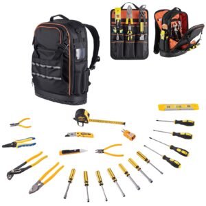 tool backpack with tools, 65 pockets, heavy duty tools storage organizer bags with laptop compartment & molded base, electrician jobsite backpack for electrician, repairman, and hvac techs
