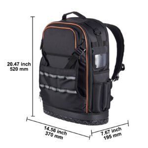 tool backpack with tools, 65 pockets, heavy duty tools storage organizer bags with laptop compartment & molded base, electrician jobsite backpack for electrician, repairman, and hvac techs