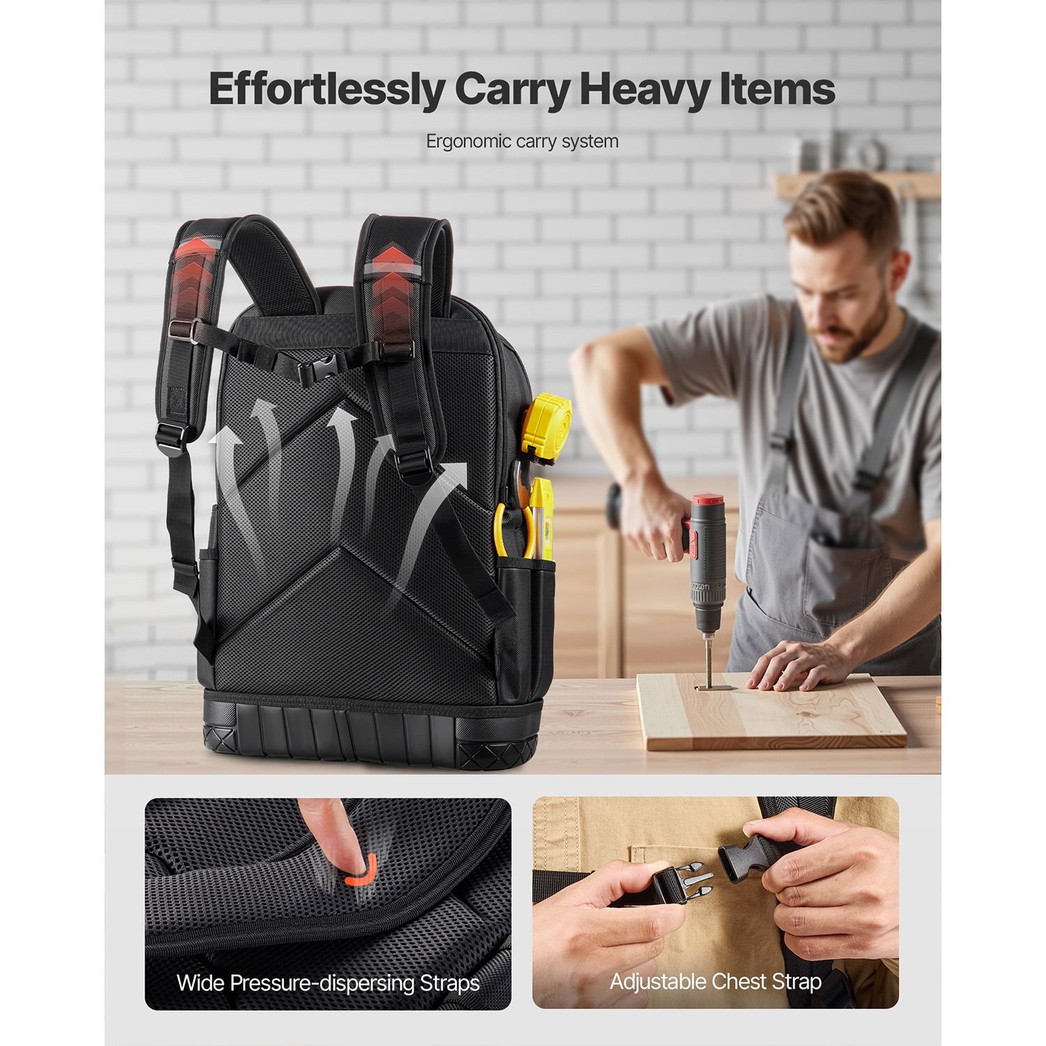 tool backpack with tools, 65 pockets, heavy duty tools storage organizer bags with laptop compartment & molded base, electrician jobsite backpack for electrician, repairman, and hvac techs