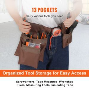 tool belt, adjusts from 29 inches to 54 inches, polyester heavy duty tool pouch bag, detachable tool bag for electrician, carpenter, handyman, woodworker, construction, framer, brown