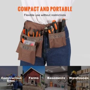 tool belt, adjusts from 29 inches to 54 inches, polyester heavy duty tool pouch bag, detachable tool bag for electrician, carpenter, handyman, woodworker, construction, framer, brown
